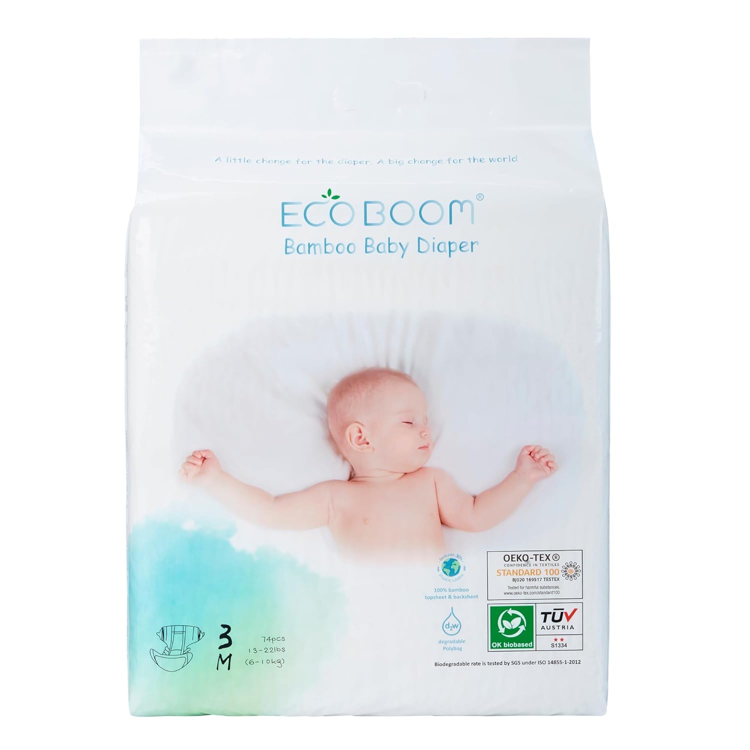 ECO BOOM Diapers, Baby Bamboo Viscose Diapers, Eco-Friendly Natural Soft Disposable Nappies for Infant, Size 3 Suitable for 13 to 22lb (Medium- 74 Count)