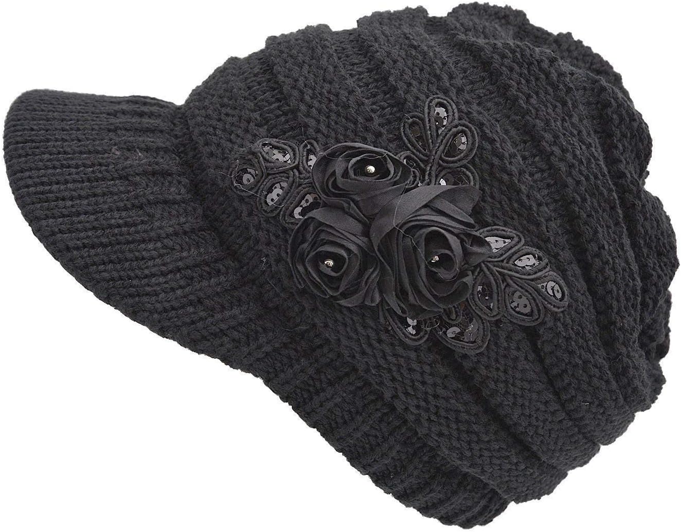 YSense Womens Hats Winter Beanie with Brim Warm Cable Knit Newsboy Cap Visor with Sequined Flower