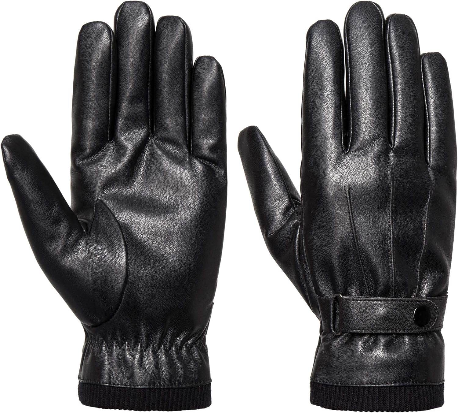 SANKUU Winter Leather Gloves for Men, Touchscreen Snap Closure Cycling Black Gloves Outdoor Riding Warm Waterproof Gloves