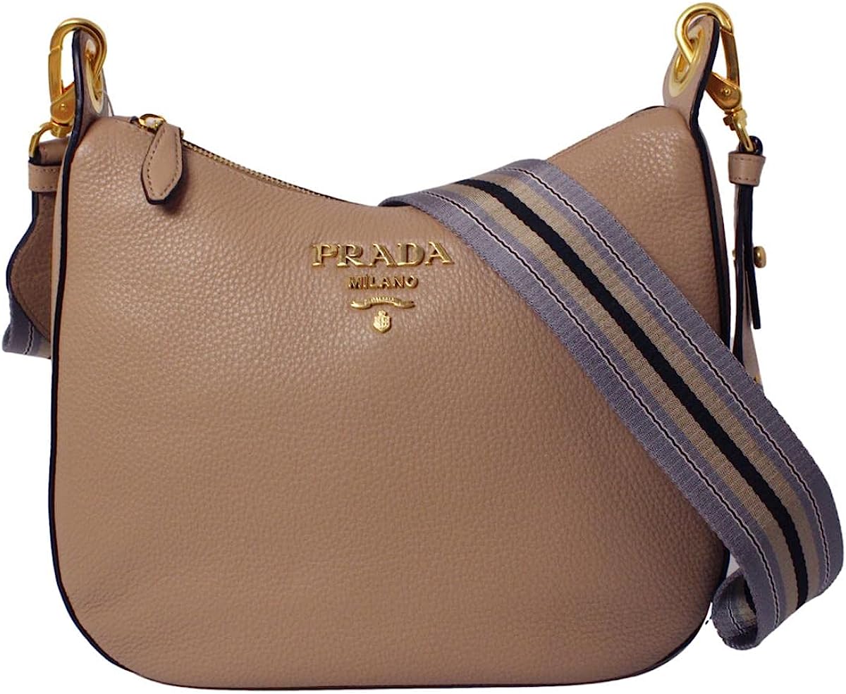 Prada Vitello Daino Tan Leather Shoulder Handbag with Silver and Blue Nylon Web Striped Strap 1BC052