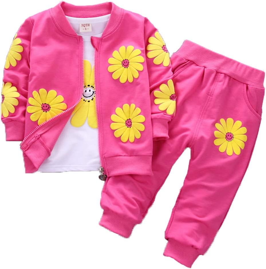 1-5Years Toddler&Little Girls Flowers Print 3 Piece Sets T Shirt Vest and Pants