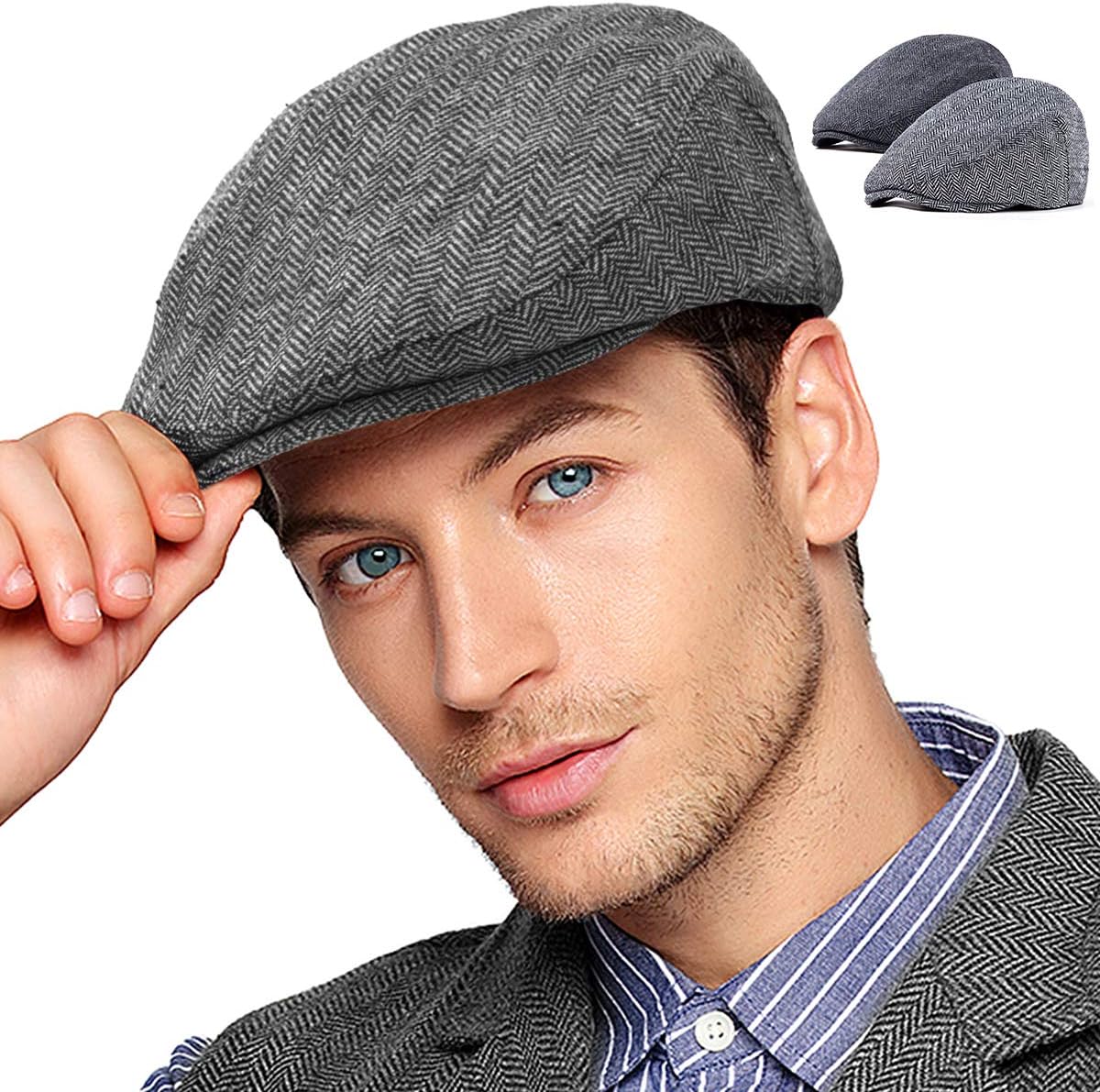 2Pack Adjustable Newsboy Hats for Men Flat Cap Mens Irish Cabbie Gatsby Tweed Ivy