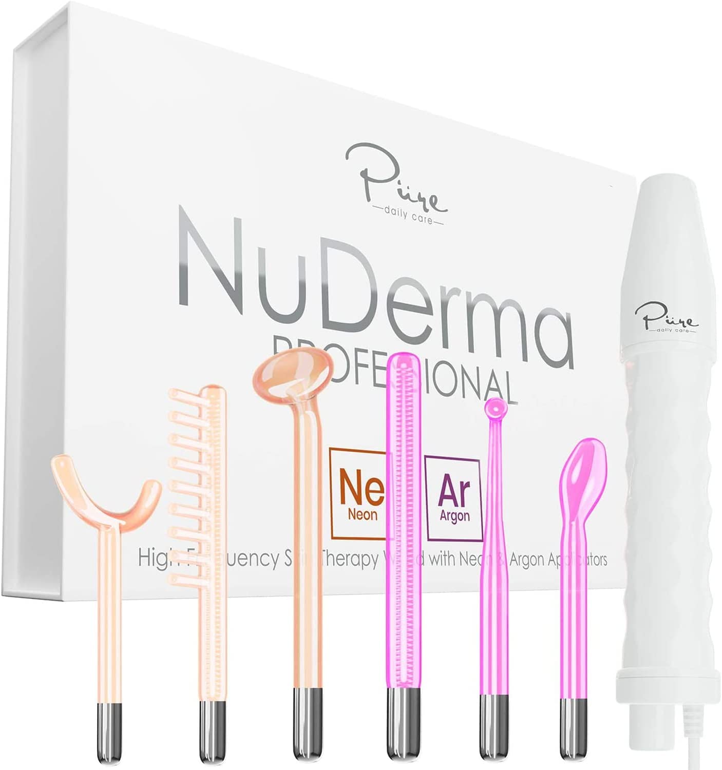 NuDerma Professional Skin Therapy Wand - Portable High Frequency Skin Therapy Machine with 6 Neon & Argon Wands – Boost Your Skin – Clear Firm & Tighten