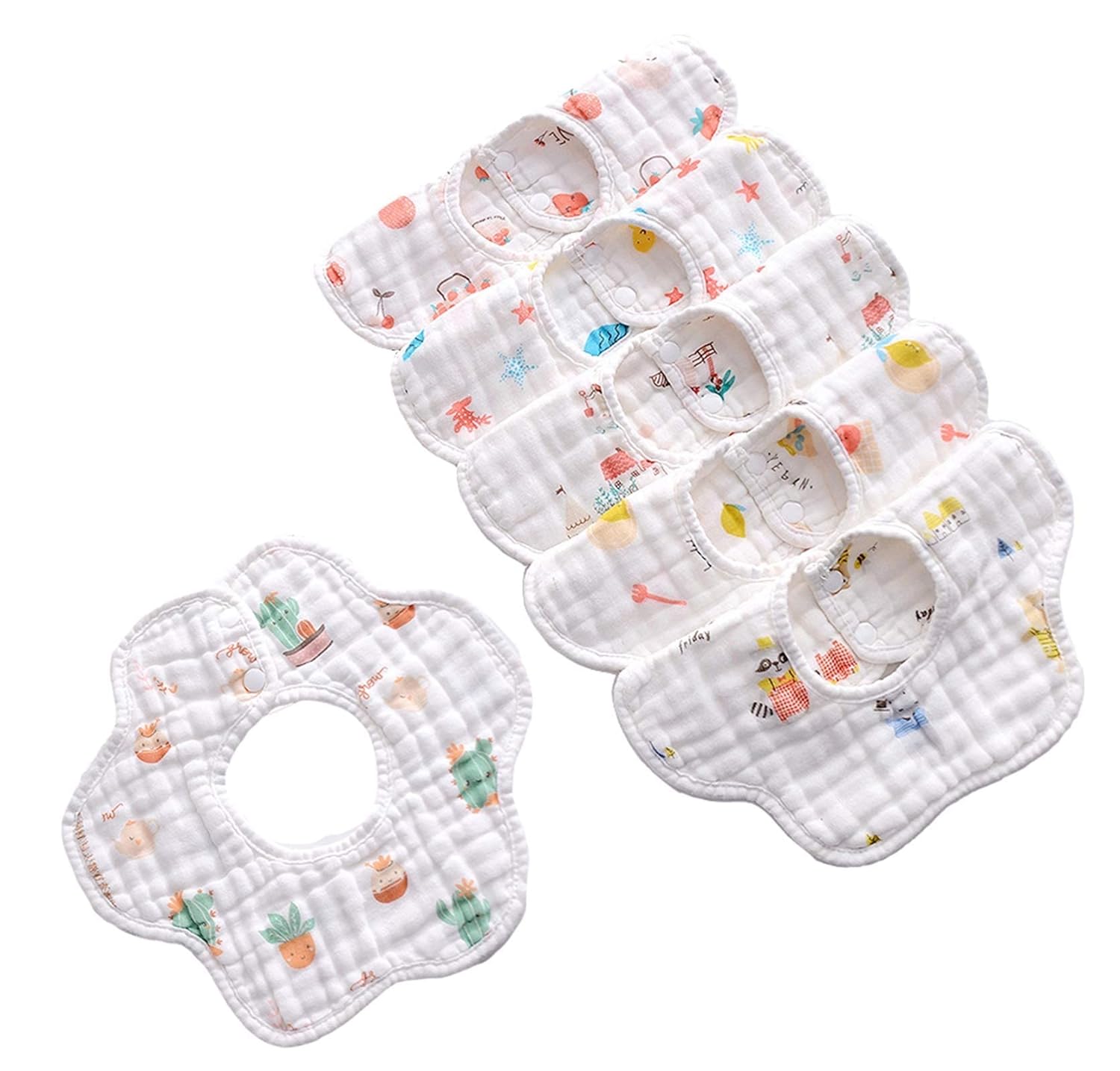 Ohequbao Baby Bib Saliva Towel, 8 Layer Can 360°Rotate Petal Absorption Bandana Bibs Burp Cloths for Drooling And Teething Large