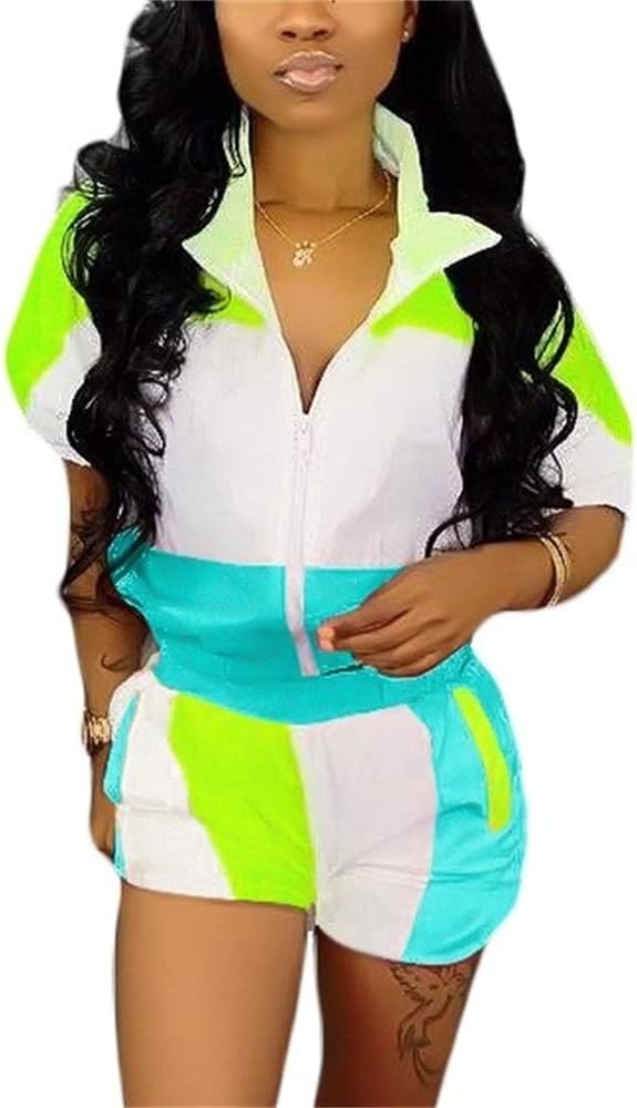 Molilove Women 2 Piece Windbreaker Tracksuit Zip Jacket Crop Tops and Shorts Pants Tracksuit Outfits