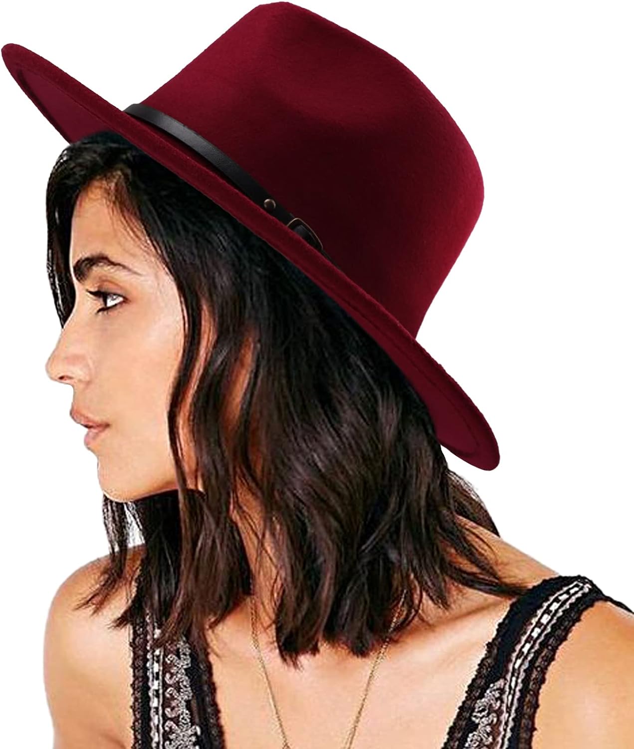 DRESHOW Women Belt Buckle Wool Fedora Hat Classic Wide Brim Floppy Felt Panama Hat