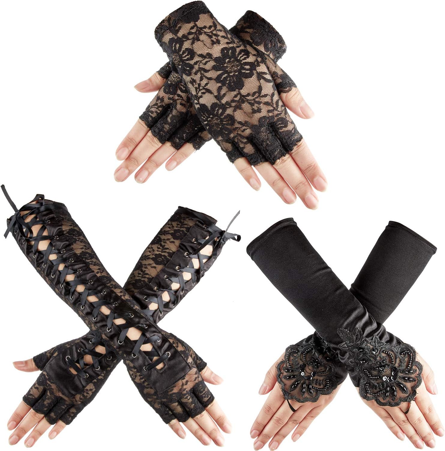 SATINIOR 3 Pairs Women Gothic Gloves Black Lace Fingerless Gloves Bridal Wedding Gloves Tea Party Decor Costume Accessories