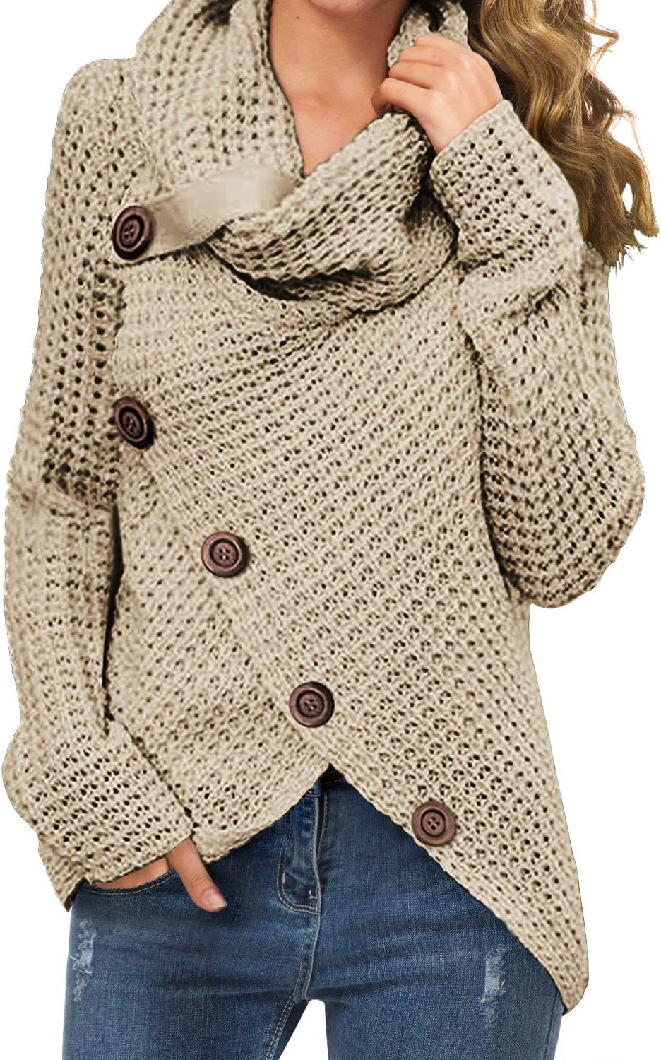 GRECERELLE Women's Solid Color Chunky Button Pullover Sweater Turtle Cowl Neck Asymmetric Hem Knit Sweater