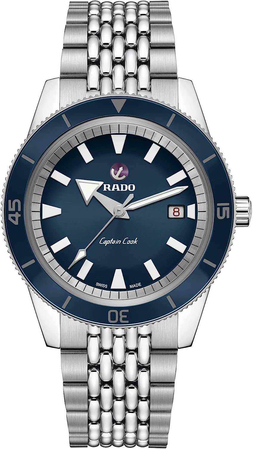 Rado Men's Captain Cook 42 mm Automatic Diving Watch with Stainless Steel Strap, Silver-Tone, 20 (Model: R32505203), Blue