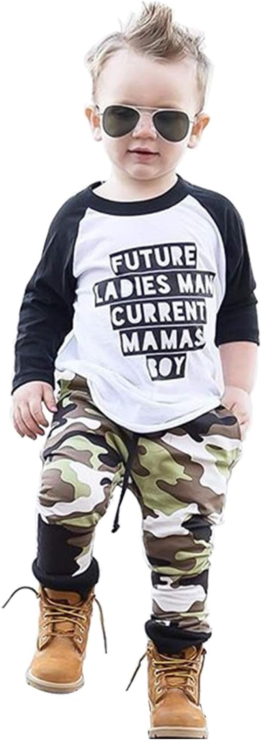 BOUTIKOME 2PCS Baby Boys Clothes Letter T-Shirt Cool Tops+Camouflage Pants Outfit Set Letter Toddler Long Sleeve
