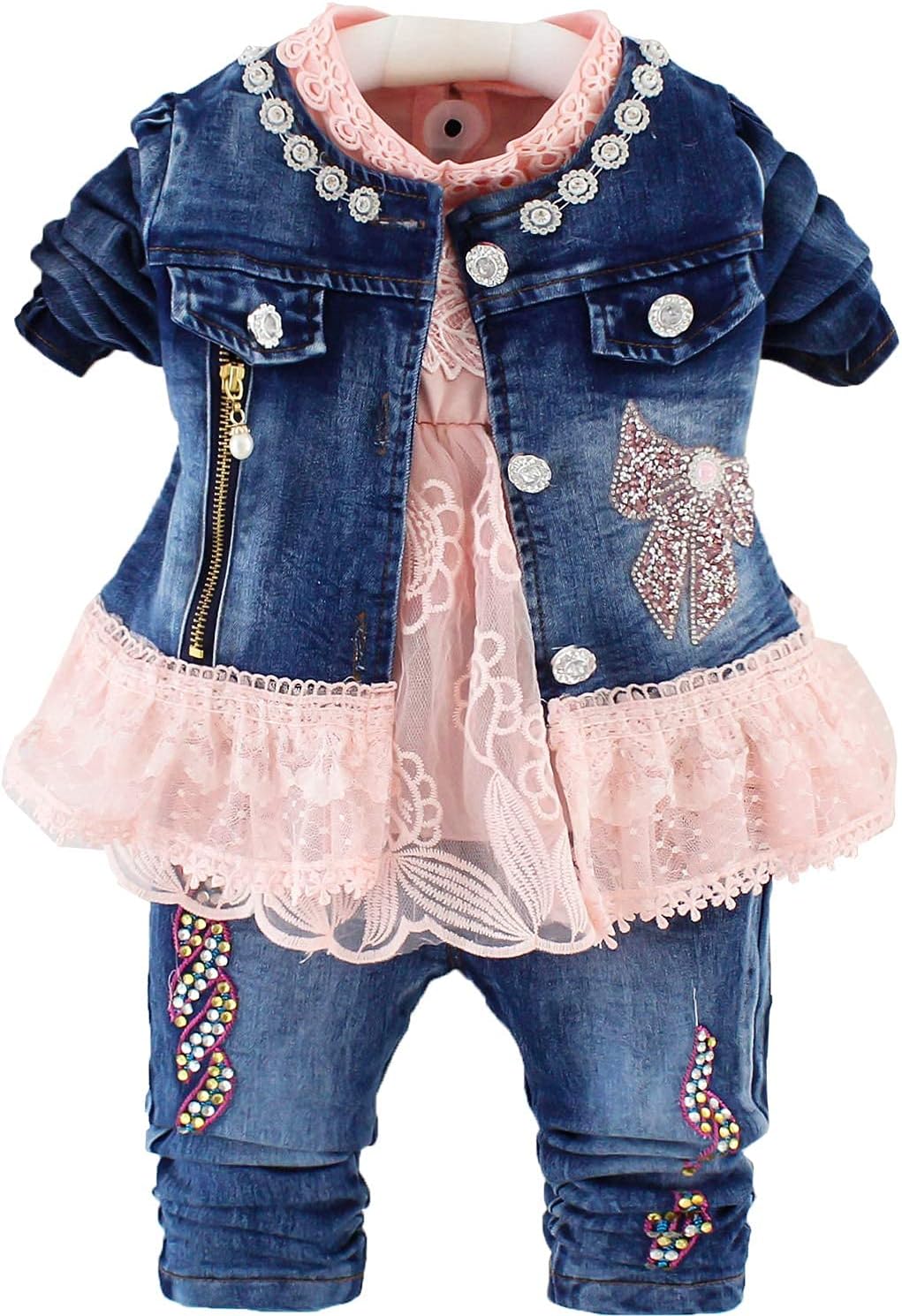 Peacolate 6-4Years Spring Autumn Infant Little Girls Clothing Set 3 Pieces Sets T Shirt Sequins Jacket and Jeans