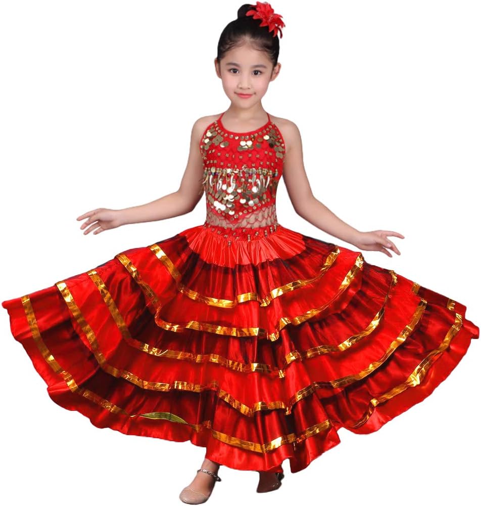 Rolanko Girls Spanish Flamenco Skirt Gypsy Belly Dancer Performance Costume Set 4-11 Years