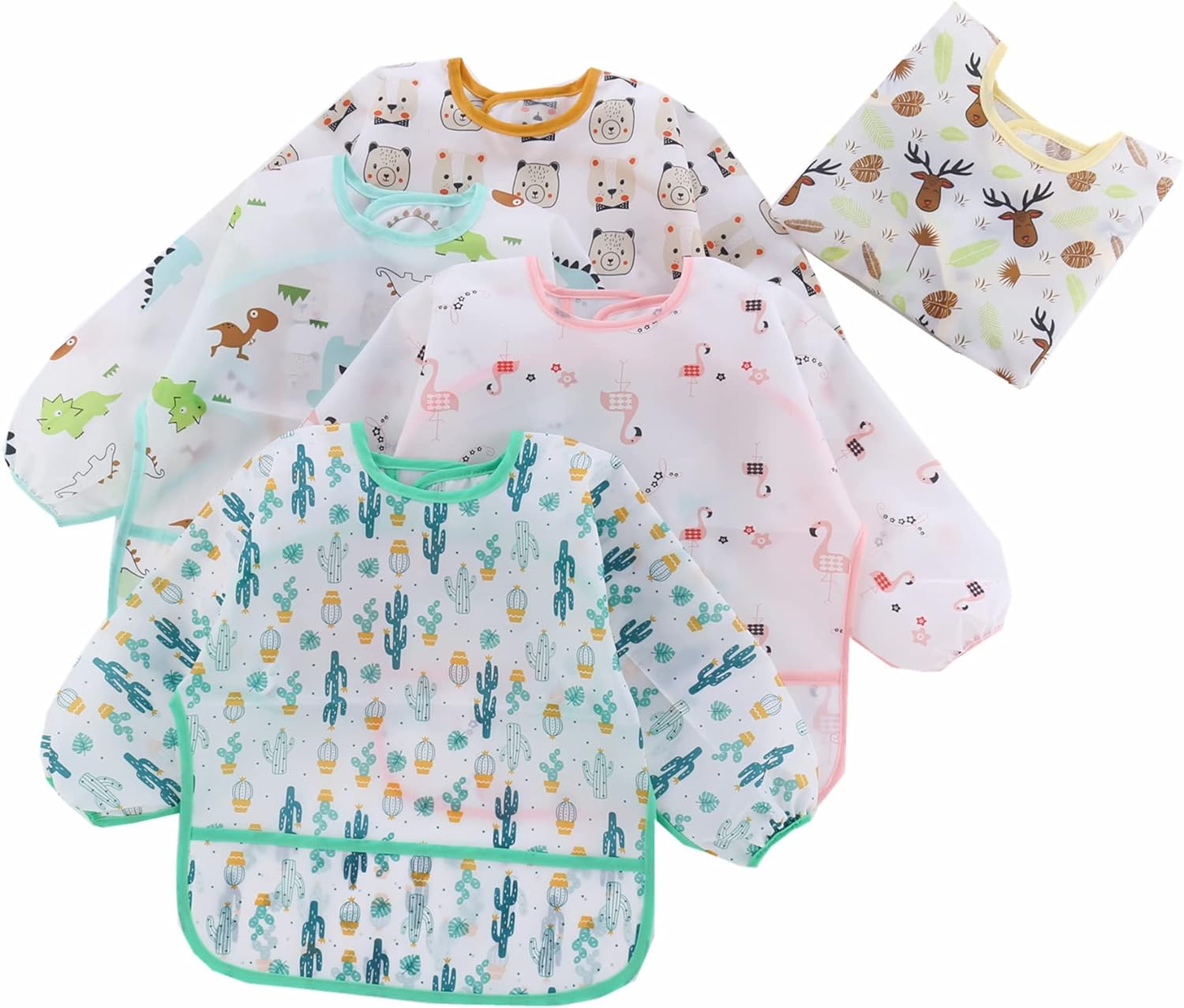 HaimoBurg 5 Pcs Long Sleeved Baby Toddler Bibs Waterproof Sleeved Bib 3-24 Months