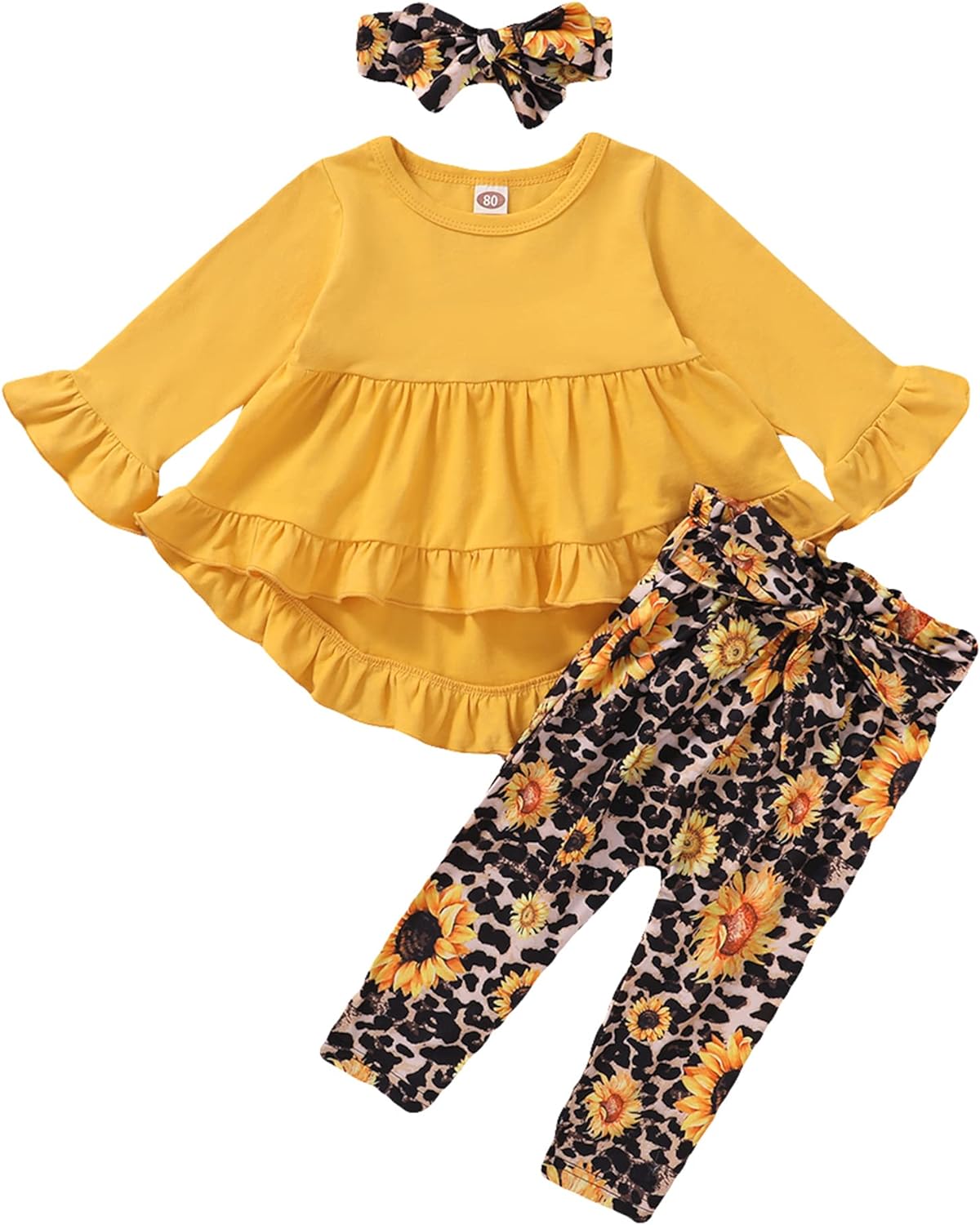 Kucnuzki Baby Girl Clothes Toddler Girl Sunflower Outfit Ruffle Sleeve Shirt Floral Pant Set Fall Winter Clothing for Girl