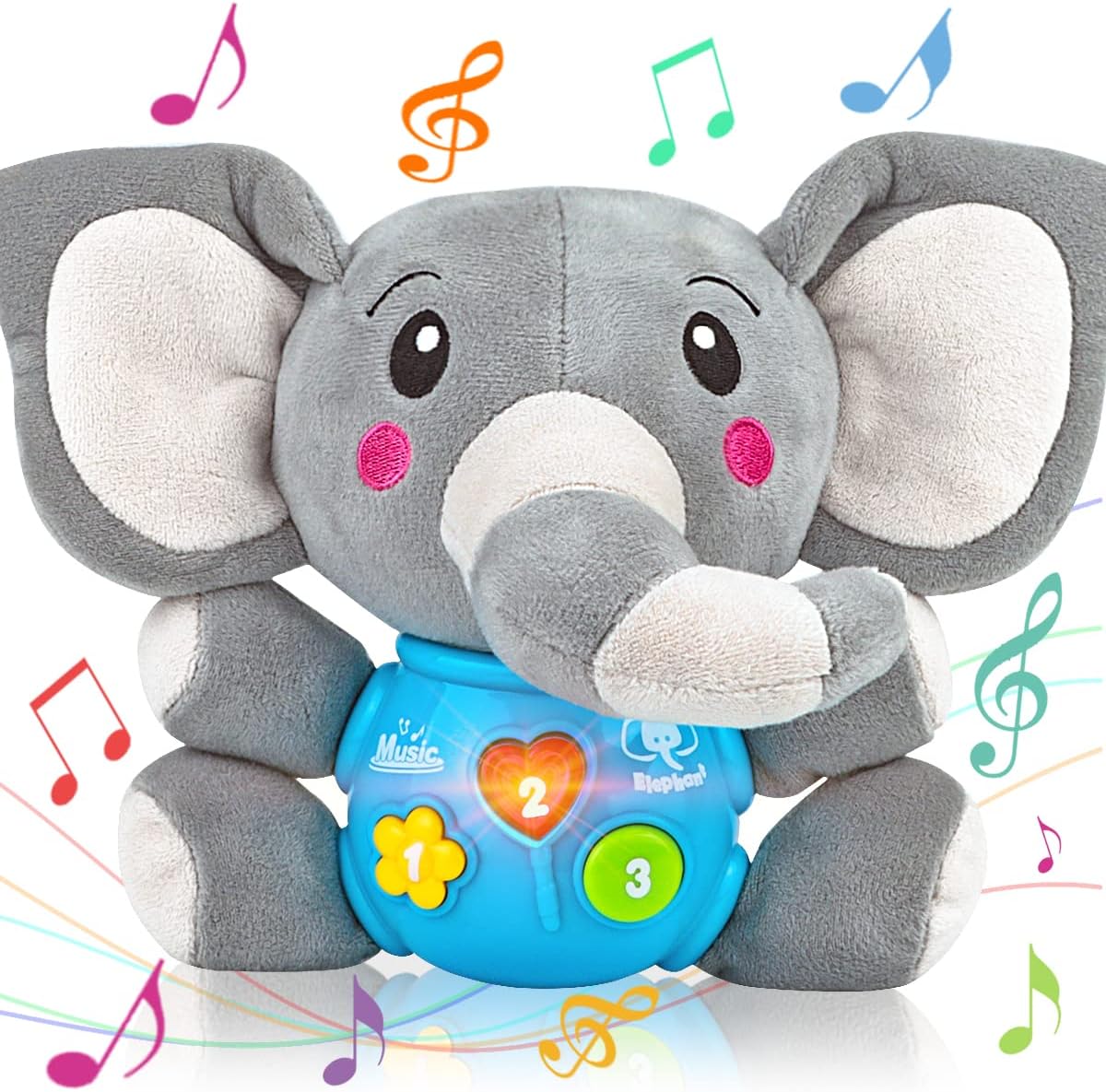 Aitbay Plush Elephant Music Baby Toys 0 3 6 9 12 Months, Cute Stuffed Aminal Light Up Baby Toys Newborn Baby Musical Toys for Infant Babies Boys & Girls Toddlers 0 to 36 Months (Gray)