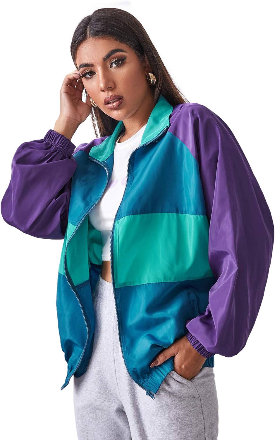 SweatyRocks Women's Lightweight Windbreaker Patchwork Zipper Sport Jacket Coat Outerwear