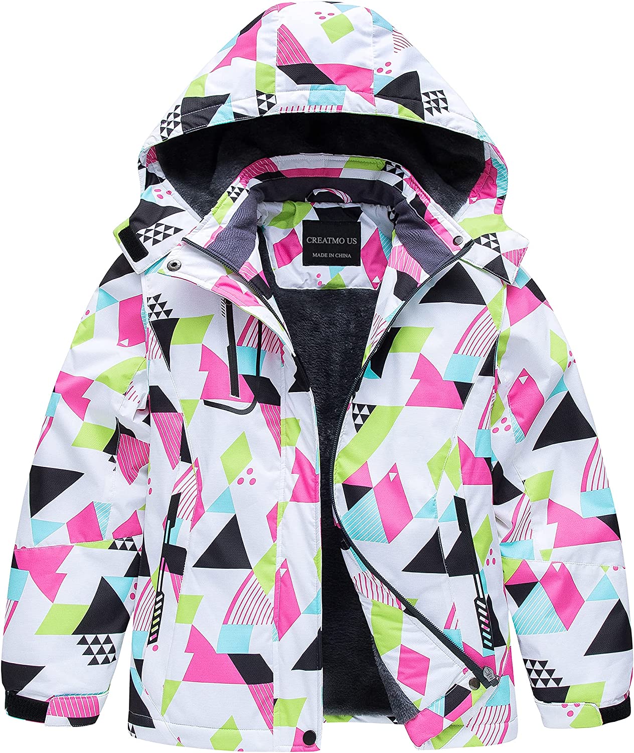 CREATMO US Girl's Waterproof Ski Jacket Warm Winter Fleece Snow Coat Windproof Snowboarding Rain Jacket