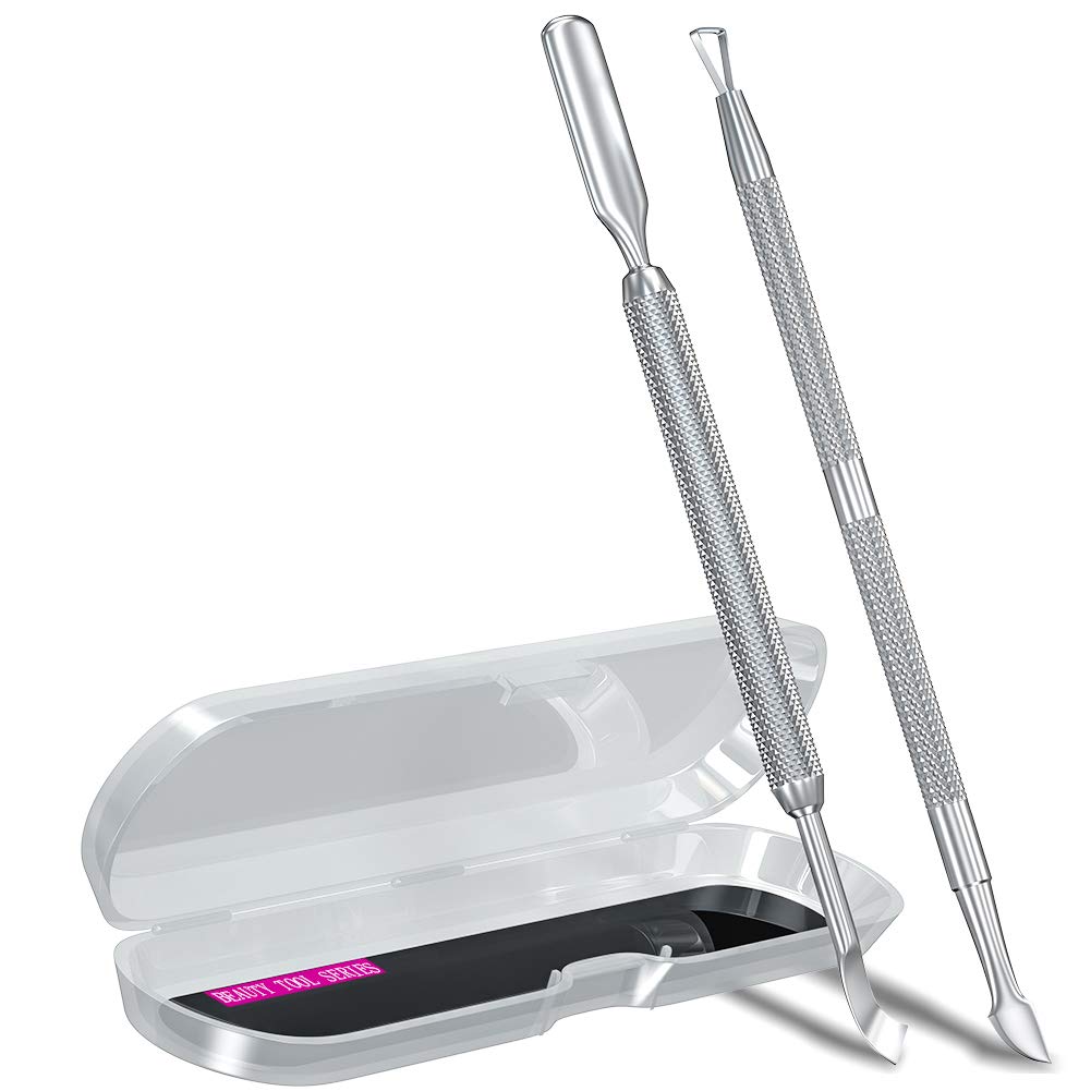 2PCS Metal Silver Cuticle Pusher and Cutter Remover Salon Quality Stainless Steel Acetone Gel Nail Polish Peeler Scraper Durable Professional Manicure Pedicure Cleaner Tool For Fingernail and Toenail