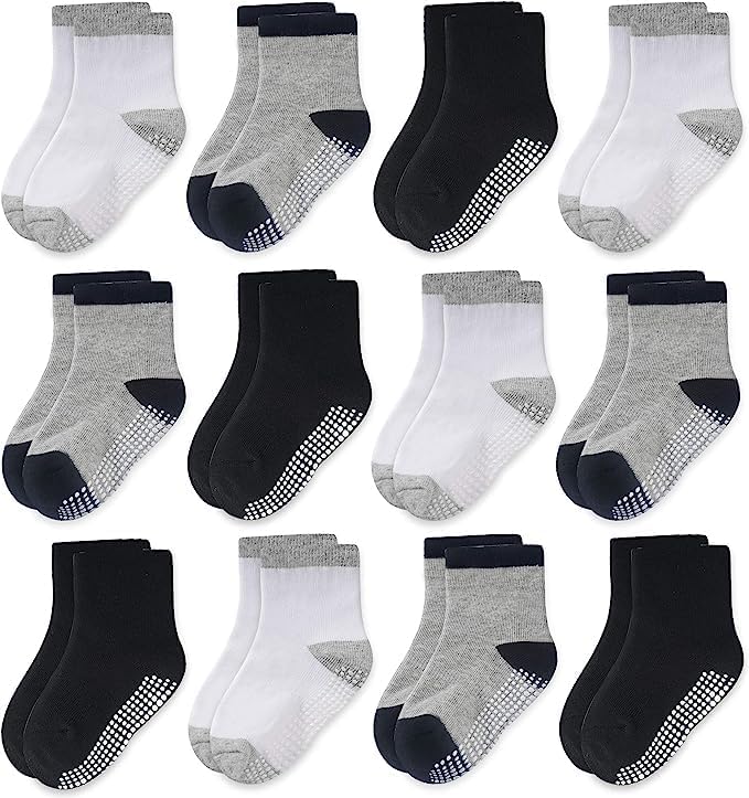 CozyWay Baby Anti Slip Crew Socks 12 Pairs with Grips for Toddlers Little Boys Girls Infants Kids Non Skid
