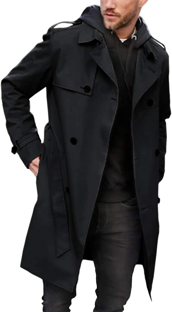 Pretifeel Mens Trench Coat Slim Fit Double Breasted Long Jacket Notched Lapel Belt Fall Windproof Coat