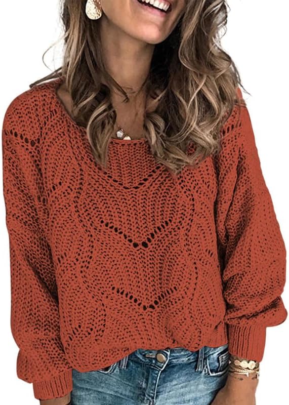 Dokotoo Womens Cute Elegant Soft Crewneck Long Sleeve Hollow Cable Knit Pullover Sweaters