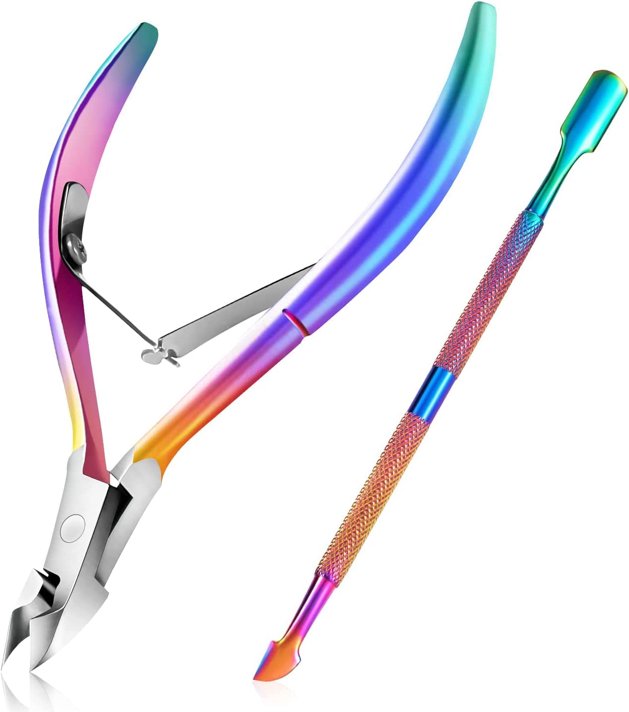 Easkep Cuticle Trimmer with Cuticle Pusher, Cuticle Remover Professional Stainless Steel Cuticle Cutter Nippers Rainbow Sharp Durable Pedicure Manicure Tools for Fingernails and Toenails
