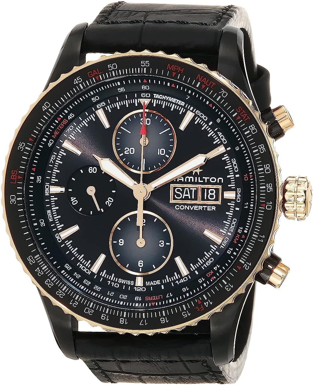 Hamilton Watch Khaki Aviation Converter Swiss Automatic Chronograph Watch 44mm Case, Black Dial, Black Leather Strap (Model: H76736730)