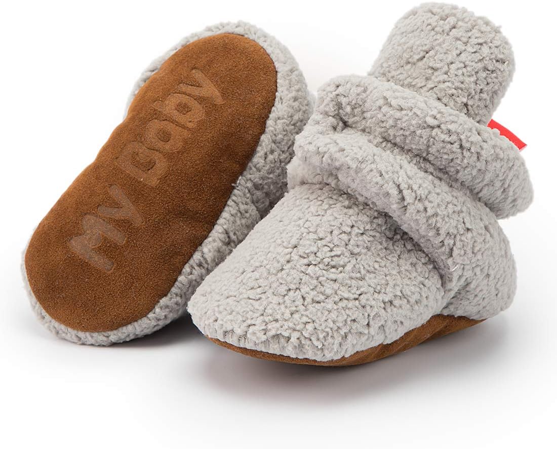 Babelvit Newborn Baby Boy Girl Soft Fleece Booties Stay On Infant Slippers Socks Shoe Non Skid Gripper Toddler First Walkers Winter Ankle Crib Shoes