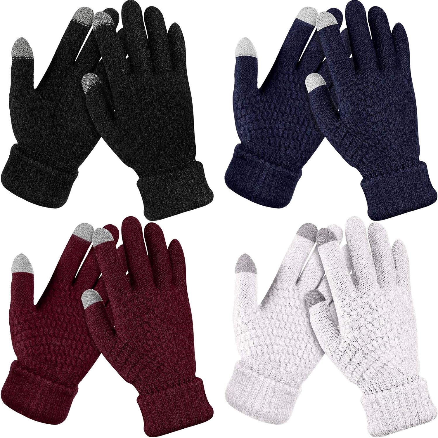 4 Pairs Women's Winter Touch Screen Gloves Warm Fleece Lined Knit Gloves Elastic Cuff Winter Texting Gloves