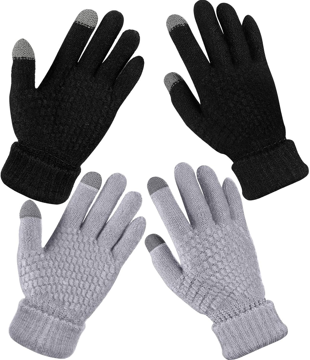 2 Pairs Women's Winter Touchscreen Gloves Warm Fleece Lined Knit Gloves Elastic Cuff Winter Texting Gloves