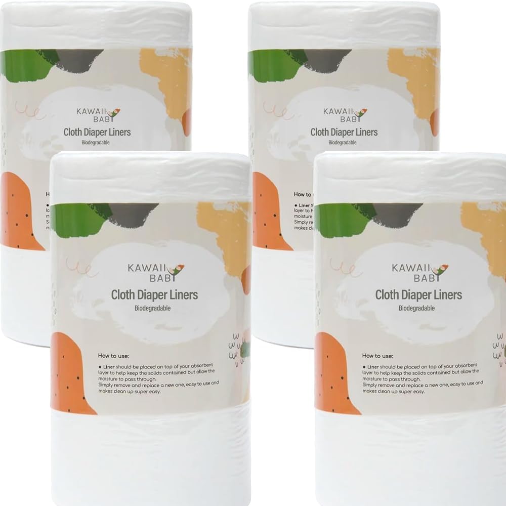 KaWaii Baby Cloth Diaper Liners Biodegradable Unscented Nappy Liner Rolls, SGS Certified 11 X 7”, 100 Sheets/Roll - Pack of 4 Rolls