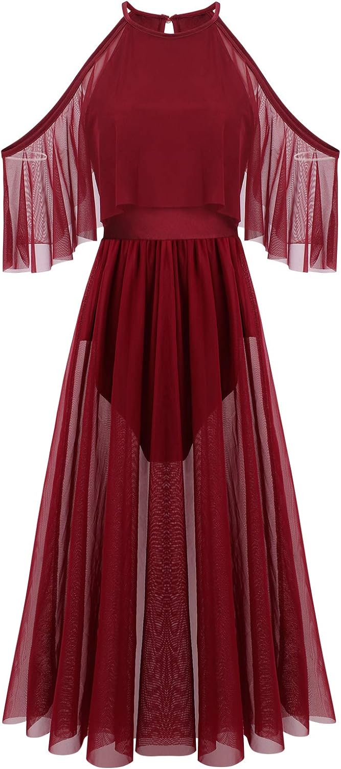 ODASDO Women Lyrical Dance Costume Shiny Criss Cross Spaghetti Strap Full Circle Mesh Tulle Long Dress with Brooch Pin