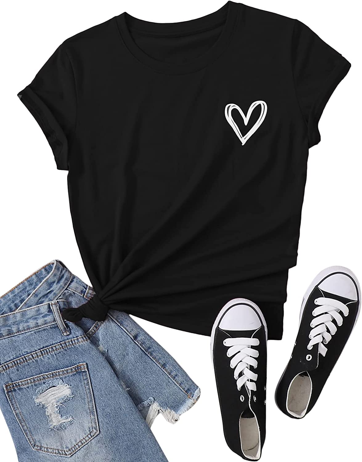 SweatyRocks Women's Heart Print T Shirts Summer Funny Short Sleeve Tops for Teen Girl