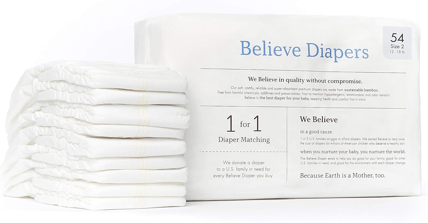 Believe Baby Bamboo Baby Diapers Size 2 - Premium, Super-Absorbent, Hypoallergenic for Sensitive Skin, Chemical-Free, Unscented, Eco-Friendly Diaper for Babies 12-18 Lbs - 54 Ct