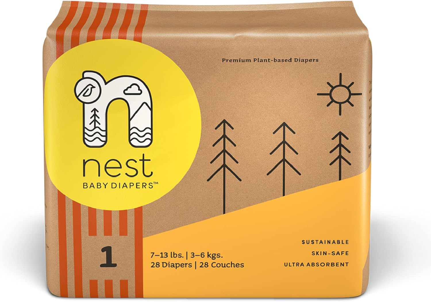 Nest Baby Diapers, Size 1, 7-13 lbs. (28 Count) Disposable Premium Diapers for Newborn Babies, Gentle Plant-Based Materials, Fragrance-Free