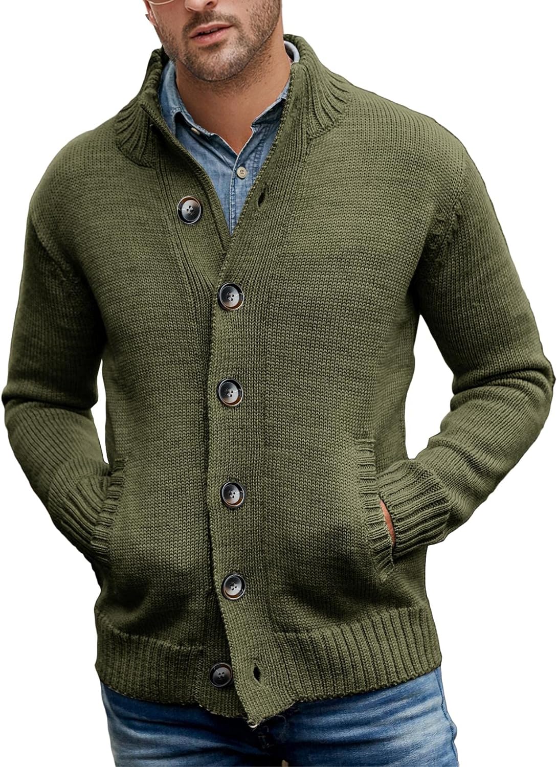 Gafeng Mens Long Sleeve Stand Collar Cardigan Sweaters Button Down Knitted Sweater