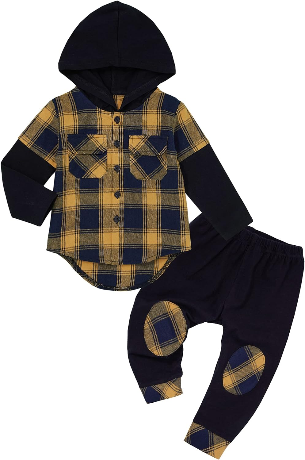 DONWEN Toddler Baby Boy Clothes Plaid Long Sleeve Patchwork Hoodie Top + Pants 2pcs Fall Winter Outfits Set