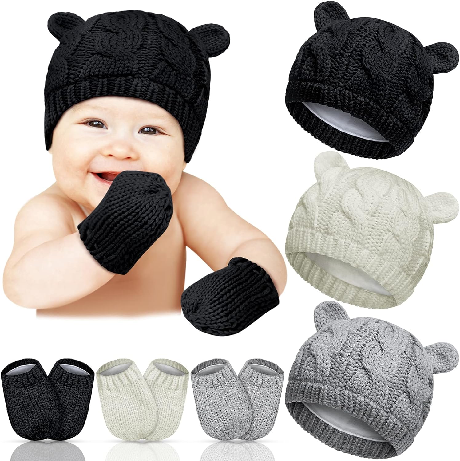 6 Pairs Newborn Winter Beanie Hat Gloves Set for Baby Girls Boys Infant Toddler Knitted Hats Baby Winter Hat for 6-18 Months