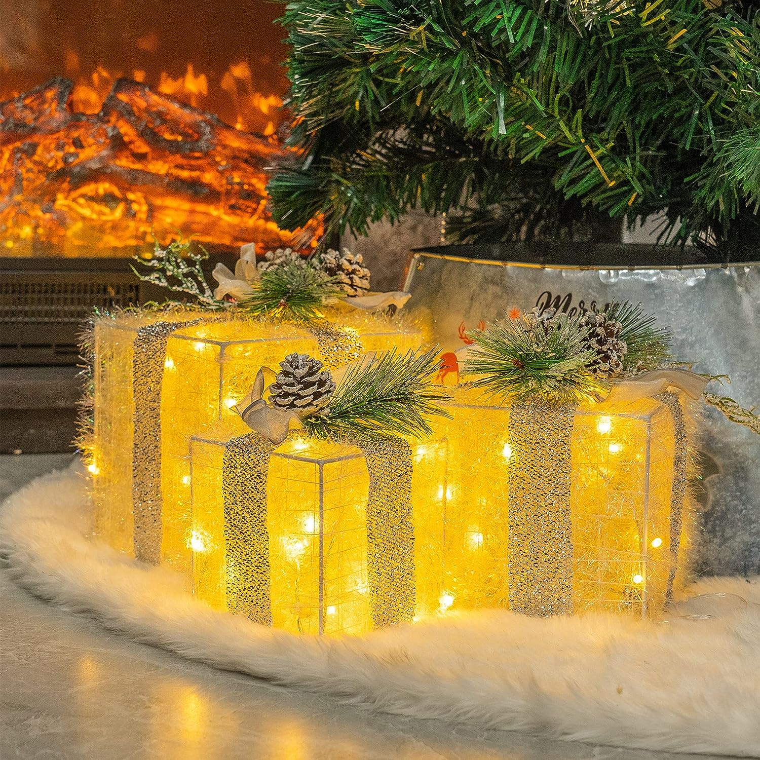 FUNPENY Set of 3 Christmas Lighted Gift Boxes, Plug in 60 LED Light Up Tinsel Present Box Decorations for Outdoor Indoor Christmas Tree, Yard, Home Decor (Max. Size 7.5 x 7.5 x7.1 Inch) (Warm White)