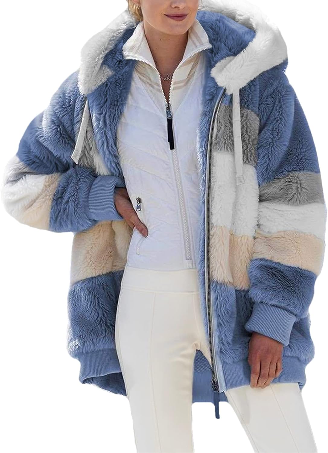 Dokotoo Womens Winter Fuzzy Fleece Jacket Hooded Color Block Patchwork Cardigan Coats Outerwear with Pockets