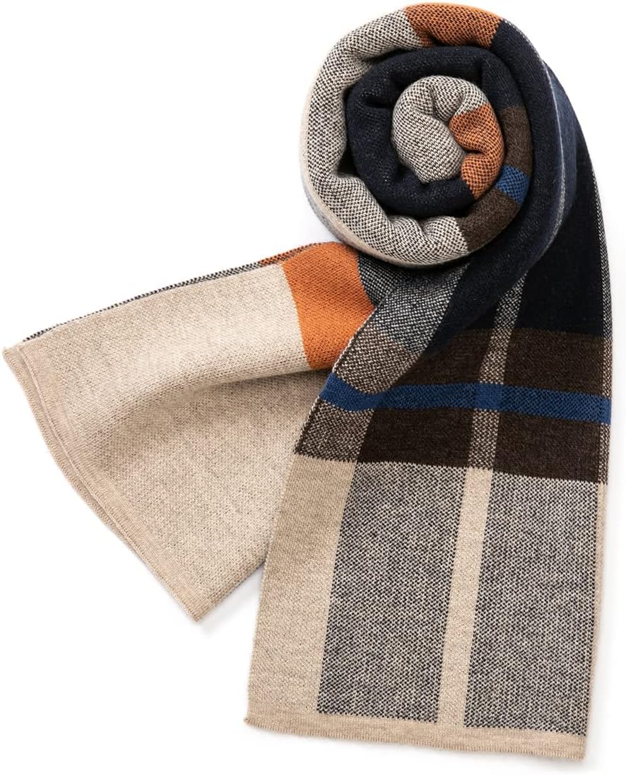 Villand Australian Merino Wool Tartan Knitted Scarf for Men, Plaid Winter Warm Thick Soft Neckwear with Gift Box