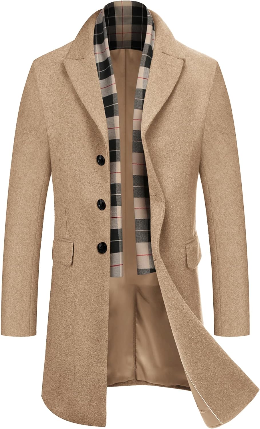 COOFANDY Men's Wool Blend Coat with Detachable Plaid Scarfs Notched Collar Single Breasted Pea Coat
