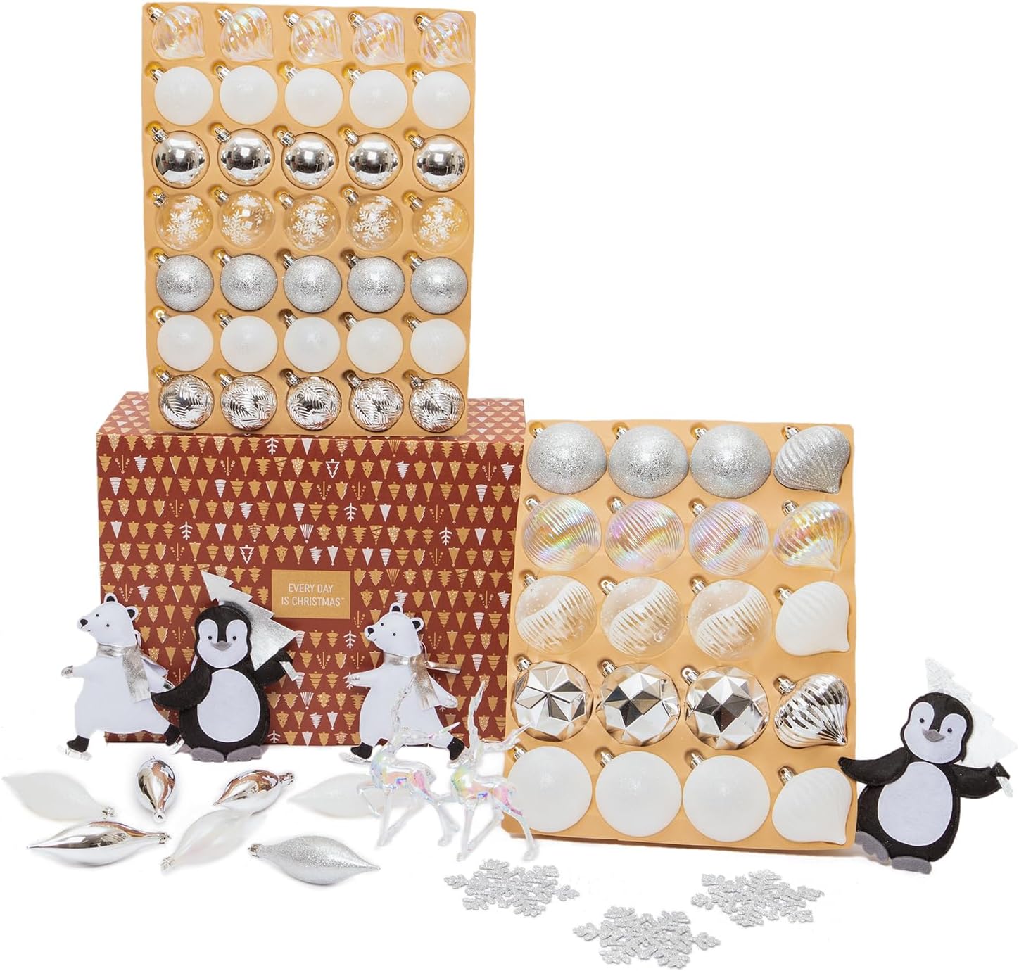 Every Day is Christmas Deluxe 80 Piece Set of Shatterproof Ornaments, Full Tree Ornament Set, Christmas Balls and Decorations (Silver White)