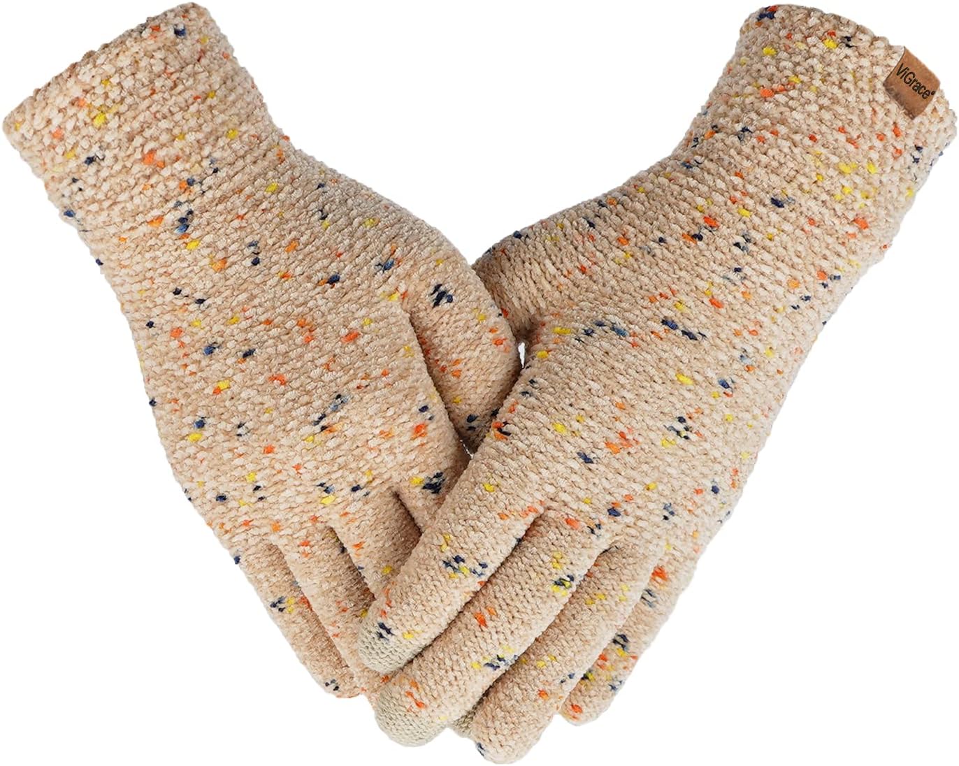 ViGrace Winter Touchscreen Gloves for Women Chenille Warm Knit with 3 Touch Screen Fingers Texting Elastic Cuff Thermal Glove