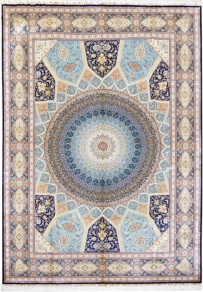 Yilong Silk Rugs Pure Handmade Carpet Large Dome Design Persian Rug Home Decor (10x14ft, Blue&Beige 11)