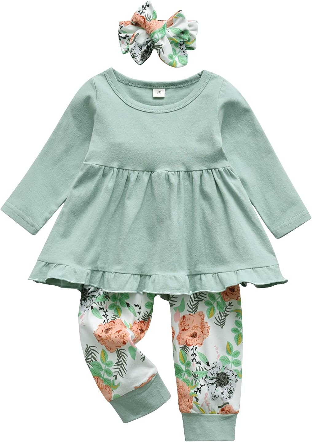 Kulcerry Toddler Baby Girl Clothes Solid Color Long Sleeve Ruffle Tops Pants Headband Outfits Set