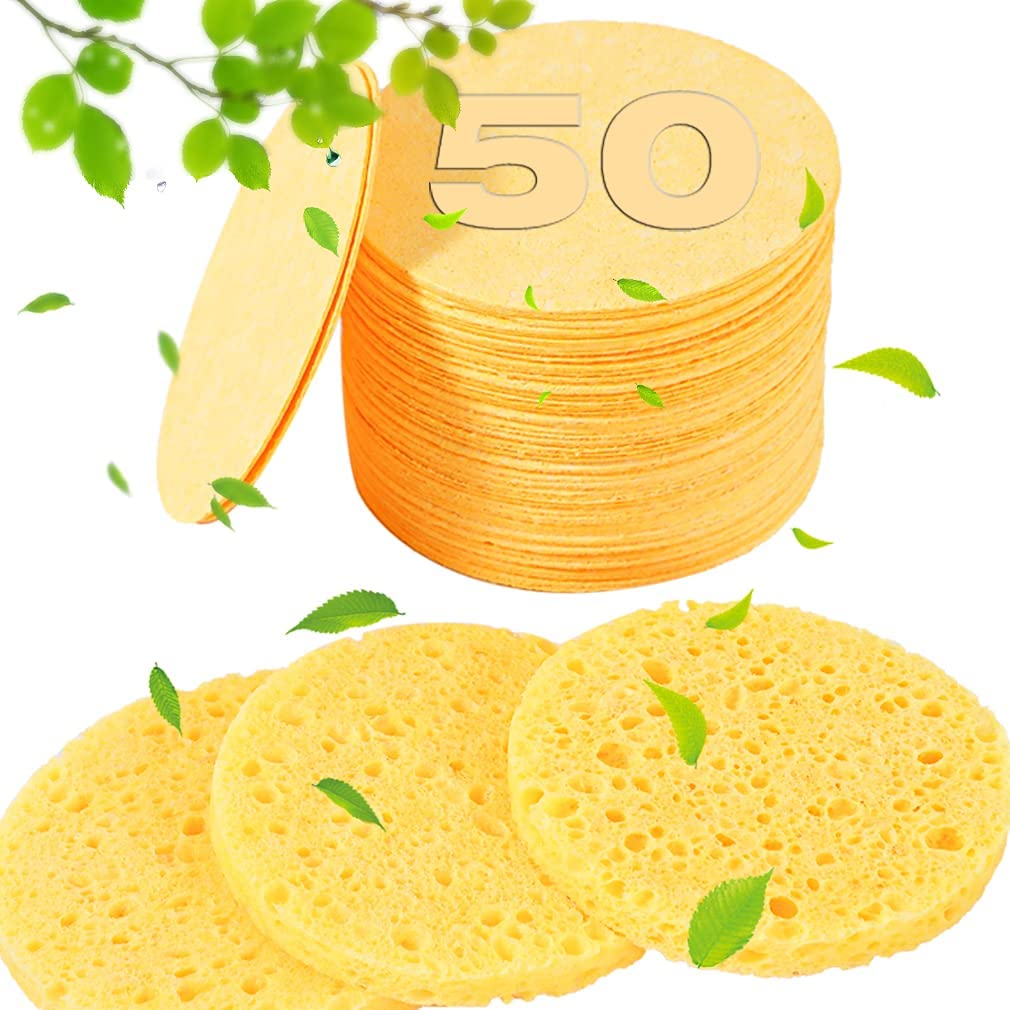 50-Count Compressed Facial Sponges for Estheticians- 100% Natural Cellulose Face Sponge Professional Cosmetic Spa Sponges for Face Cleansing, Massage, Pore Exfoliating, Mask, Makeup Removal (Yellow)