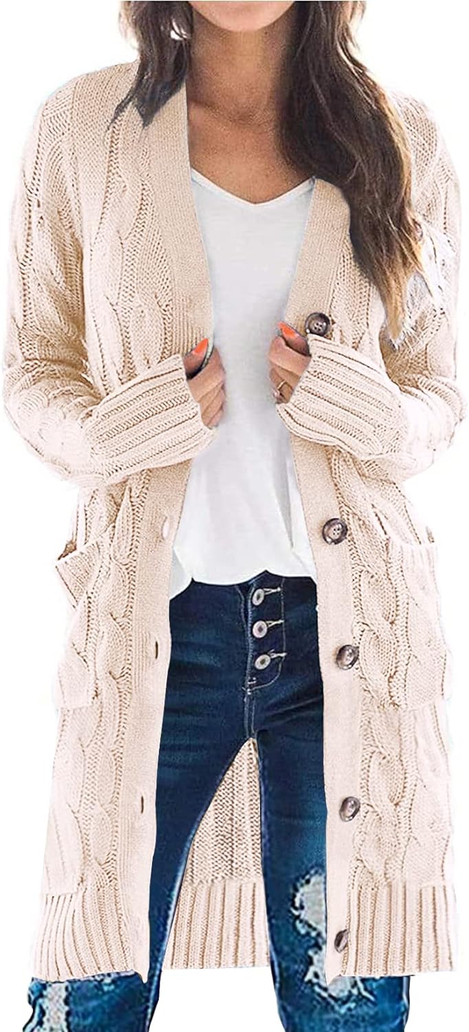 PRETTYGARDEN Long Sleeve Cable Knit Long Cardigan for Women 2026 Fall Winter Chunky Open Front Button Sweaters with Pockets