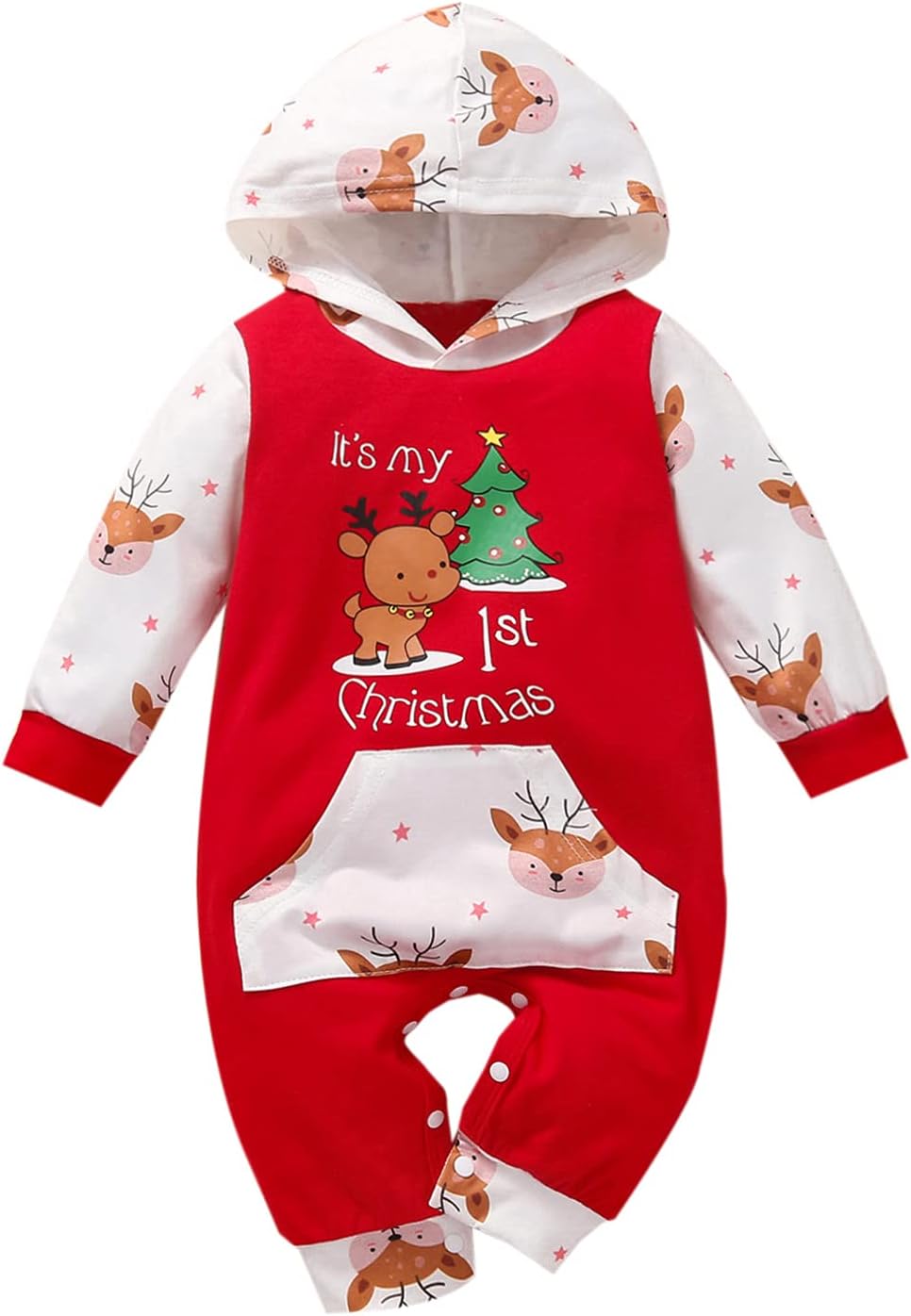 Noubeau My First Christmas Baby Girl Boy Outfit Car Truck Long Sleeve Pocket Hooded Romper Jumpsuit Xmas One Piece Clothes