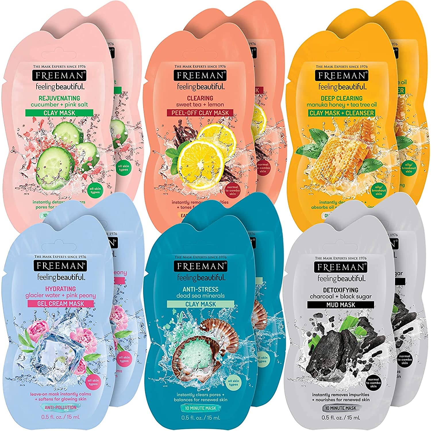 FREEMAN Facial Mask Variety Set: Clay, Peel-Off, Gel, & Mud Masks, Clearing, Hydrating, Detoxifying & Rejuvenating Skincare Essentials, Travel Facial Mask Kit, 12 Count